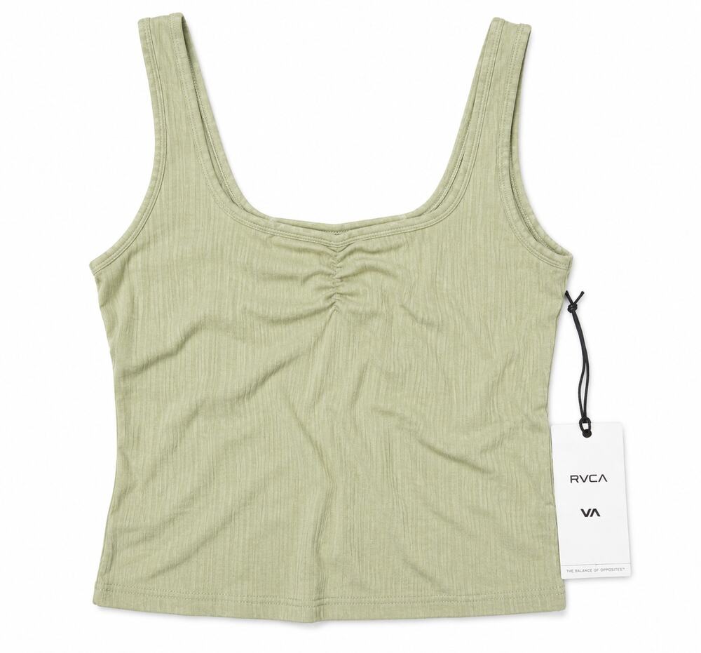 RVCA Slate Ribbed Cropped Tank Top Raw Hem Olive Green Shine Medium NWT
